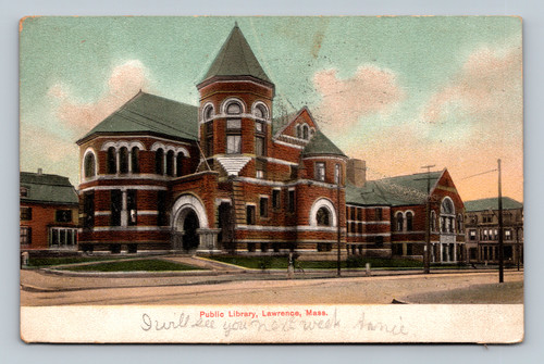 Public Library building in Lawrence Massachusetts vintage postcard