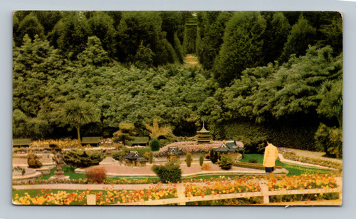 Bernheimer Gardens miniature garden with pagodas, pools, shrubs, bridges, and figures in Santa Monica