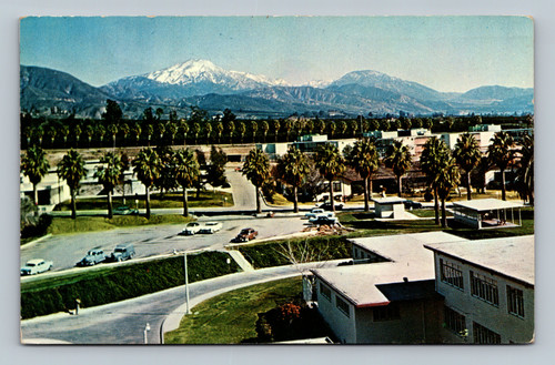 Panorama of Patton State Hospital with orange groves and snow capped Mt. San Bernardino