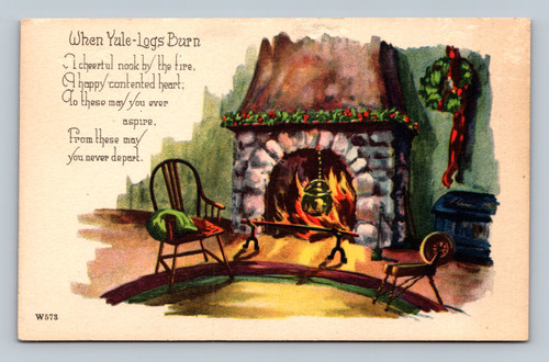 Cheerful nook by the fire with happy contented heart postcard