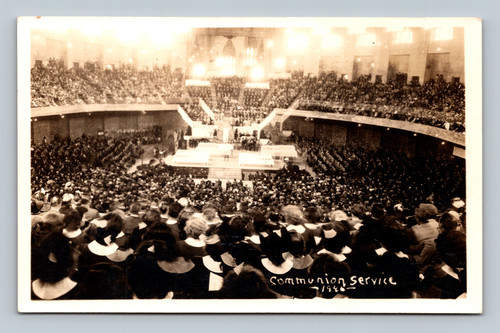 Communion service scene on antique postcard