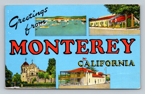 Greetings from Monterey California with Fishing Fleet and Historic Landmarks postcard