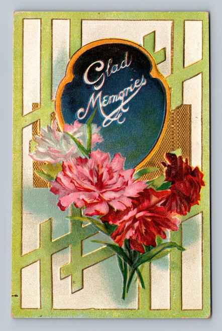Glad Memories text with pink and red carnations