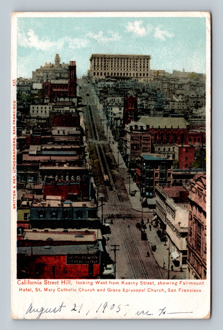 California Street Hill looking west from Kearny Street with Fairmount Hotel and churches in San Francisco