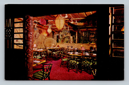 The Garden Room at Trader Vic's San Francisco with rum drinks and dishes postcard