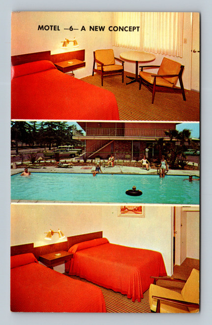 Motel advertisement promoting heated pools and clean accommodations