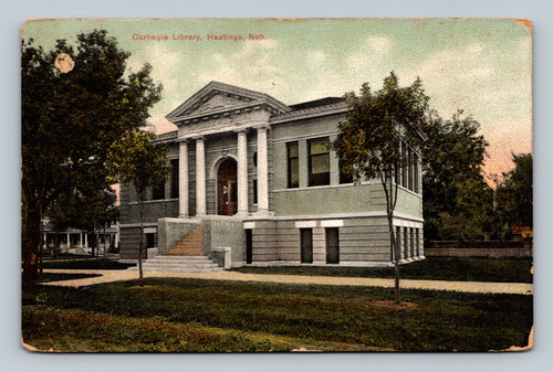Carnegie Library building in Hastings Nebraska postcard postmarked 1908
