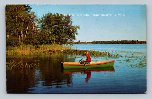 Greetings from Oconomowoc Wisconsin postcard with USA 13c stamp