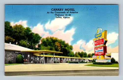 Canary Motel at the crossroads of Highways 81-40 in Salina Kansas postcard