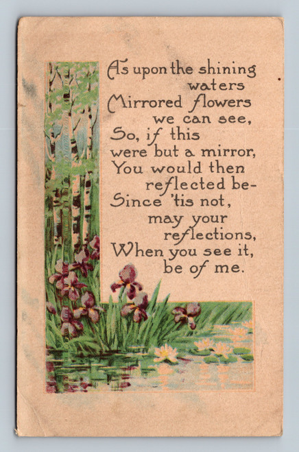 Poem about reflections on shining waters and mirrored flowers postcard
