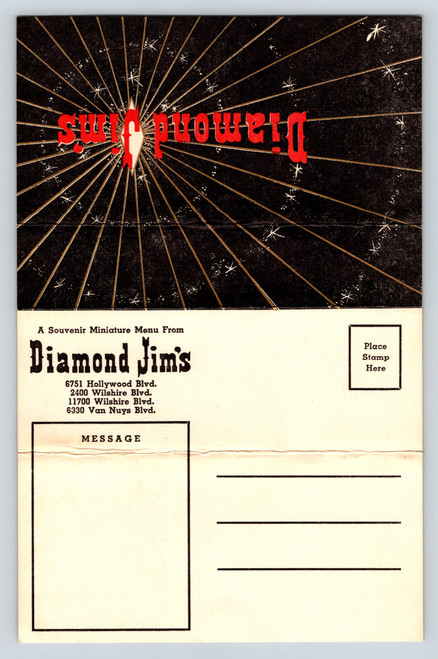 Unfolded Diamond Jim's miniature menu postcard with Hollywood Wilshire and Van Nuys addresses