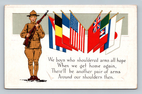 Patriotic poem about soldiers hoping to return home postcard
