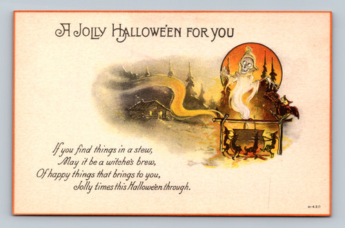 Vintage Nash H-430 Halloween postcard with witches dancing around a cauldron, skeletal ghost, owl and orange moon