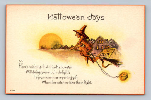 Vintage H-429 Nash Halloween postcard witch flying broom