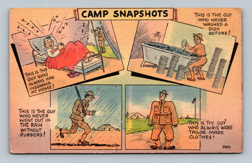 Camp snapshots featuring humorous descriptions of different types of guys by Tichnor Bros.