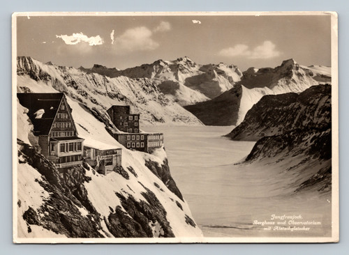Jungfraujoch mountain station with Berghaus and observatory overlooking Aletsch Glacier