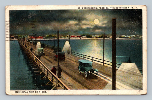 Municipal Pier by Night in St. Petersburg Florida vintage postcard