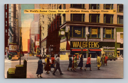 The World's Busiest Corner at State and Madison Streets Chicago Illinois postcard