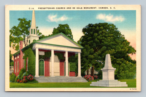 Presbyterian Church and De Kalb Monument in Camden South Carolina postcard