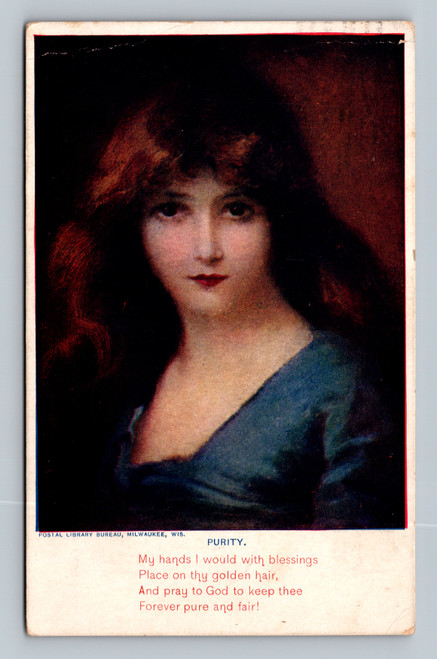 Vintage postcard titled Purity showing a young woman with long dark hair wearing a blue dress, with a sentimental religious verse beneath the portrait.