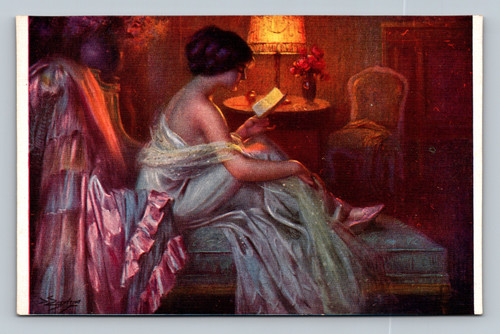 Vintage Delphin Enjolras Liseuse Reader art postcard showing a woman seated on a bed reading by lamplight in a richly colored interior.
