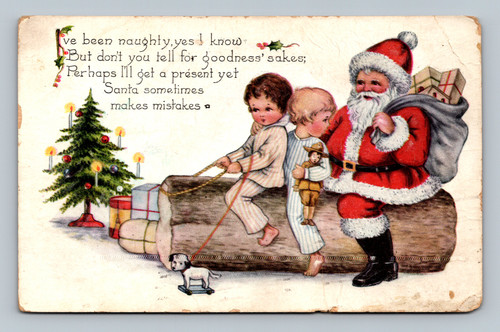 Christmas Santa Claus postcard with naughty message and present