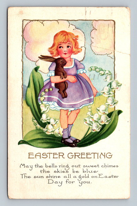 Easter greeting girl ini purple dress lily of the vallley