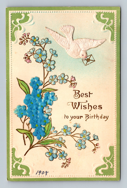 Birthday greeting postcard with Best Wishes to your Birthday 1908 text
