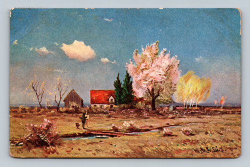 Vintage 1909 art postcard showing a rural cottage beside flowering trees and a stream in a spring landscape.