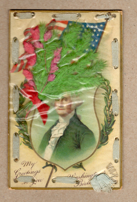 1909 Washington Birthday Patriotic Novelty Postcard Applied Feathers Ribbon Overlay