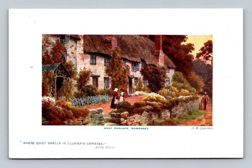 Thatched cottages with red brick chimneys in West Porlock overlooking Bristol Channel