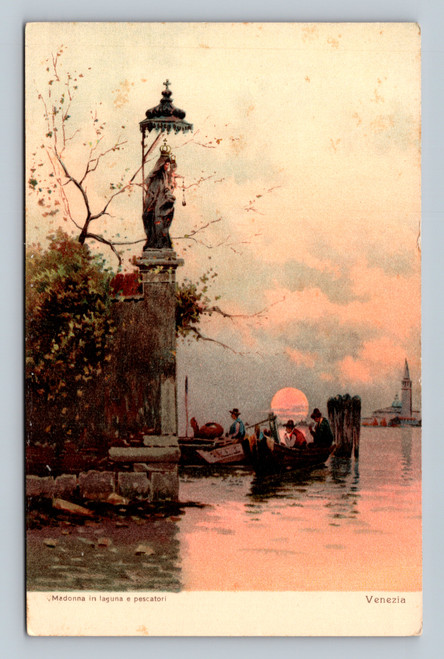 Madonna in lagoon and fishermen scene in Venezia Italy postcard