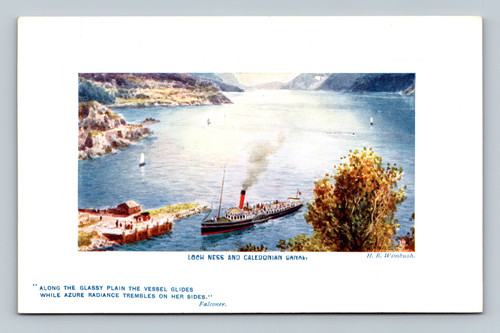 Loch Ness and Caledonian Canal with vessel gliding along the glassy plain