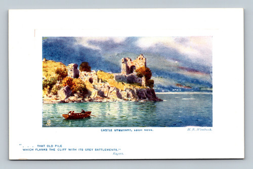 Castle Urquhart on Loch Ness with grey battlements on cliff
