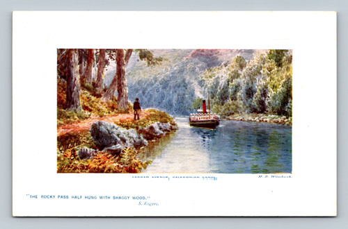 Laggan Avenue on Caledonian Canal with banks covered by larch and Highland trees and hills
