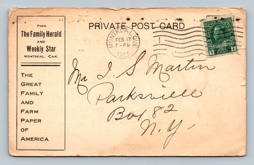 Advertisement for The Family Herald and Weekly Star newspaper Montreal 1919 postcard