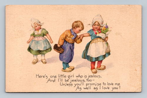 Sentimental message postcard about a jealous little girl and promise of love