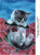 Cat hanging from branch with flower in mouth - artwork by Karen George