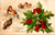 European robins perched in snow with holly and berries on antique Christmas postcard