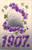 Antique 1907 New Year postcard with embossed purple violets and clover design