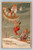 1910 Happy New Year postcard with gnomes on crescent moon carrying money bags in winter fantasy scene