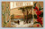 This vintage Christmas postcard features a snowy scene with a shepherd and sheep, bordered by mistletoe on the left and holly berries on the right