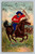 cowboy in red top blue pants riding horse with lasso