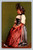 Vintage Swiss postcard showing a Bernese woman in traditional regional dress with red patterned skirt, black bodice, white puffed sleeves and elaborate hat against a green background.