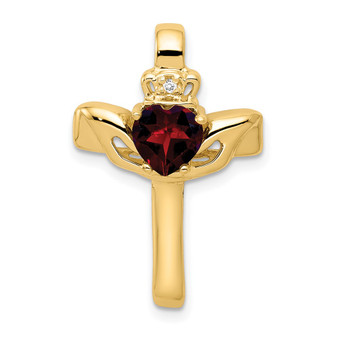 10k Yellow Gold Garnet & Aa Diamond Claddagh Cross Pendant Fine Jewelry Gift
