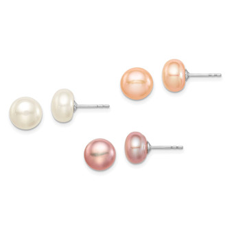 Sterling Silver Rh-pl 8-9mm Set Of 3 Wt/Pink/Purp Button FWC Pearl Earrings Fine Jewelry Gift