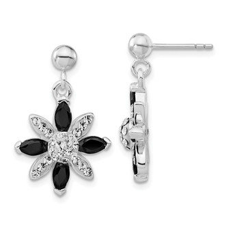Sterling Silver Black CZ & Stellux Crystal Flower Post Dangle Earrings Fine Jewelry Gift