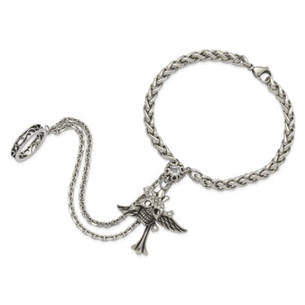 Stainless Steel Antiqued & Polished Winged Skull Cross Crystal Connect Bracelet & Ring Fine Jewelry Gift - SRB1697-9