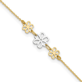 14K Two-tone Polished Three Flower 9in Plus 1in Ext Anklet Fine Jewelry Gift