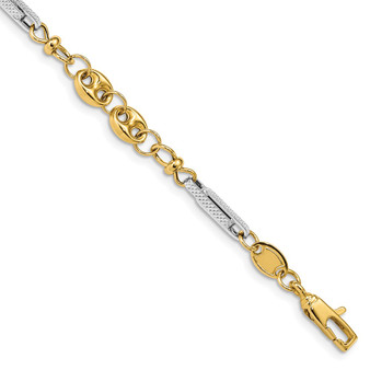14K Two-Tone Gold Polished & Textured Fancy Link Bracelet 7.5 Inch Fine Jewelry Gift